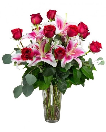 Red Roses & Lilies Flower Arrangement